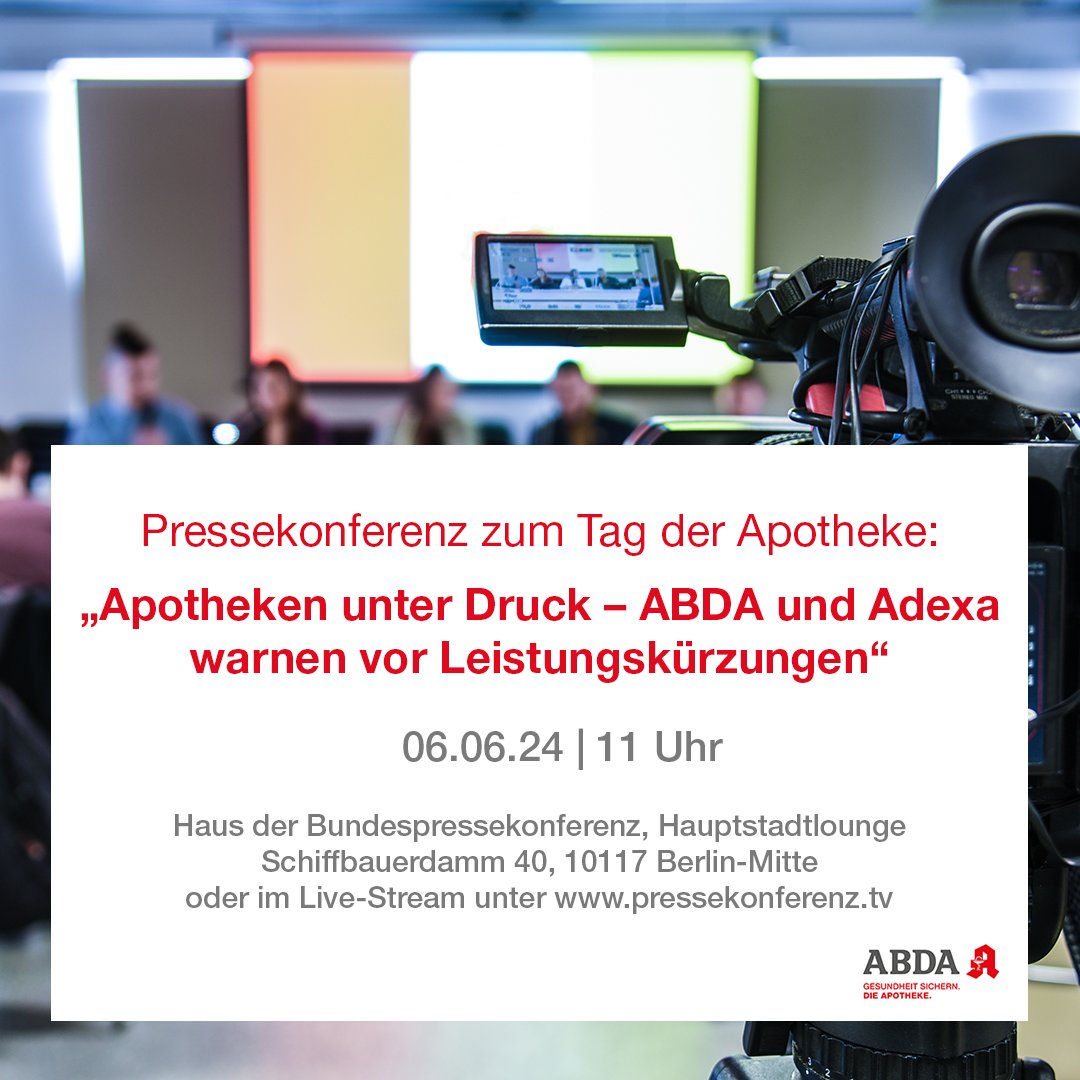 Die Anforderungen an #Apotheken steigen, doch ihre Zahl sinkt. Lieferengpässe, E-Rezept und Bürokratie belasten. Mehr zur Lage in der PK am 6. Juni um 11 Uhr live oder im Stream: pressekonferenz.tv. Anmeldung für Journalist:innen vor Ort bis 4. Juni: presse@abda.de.