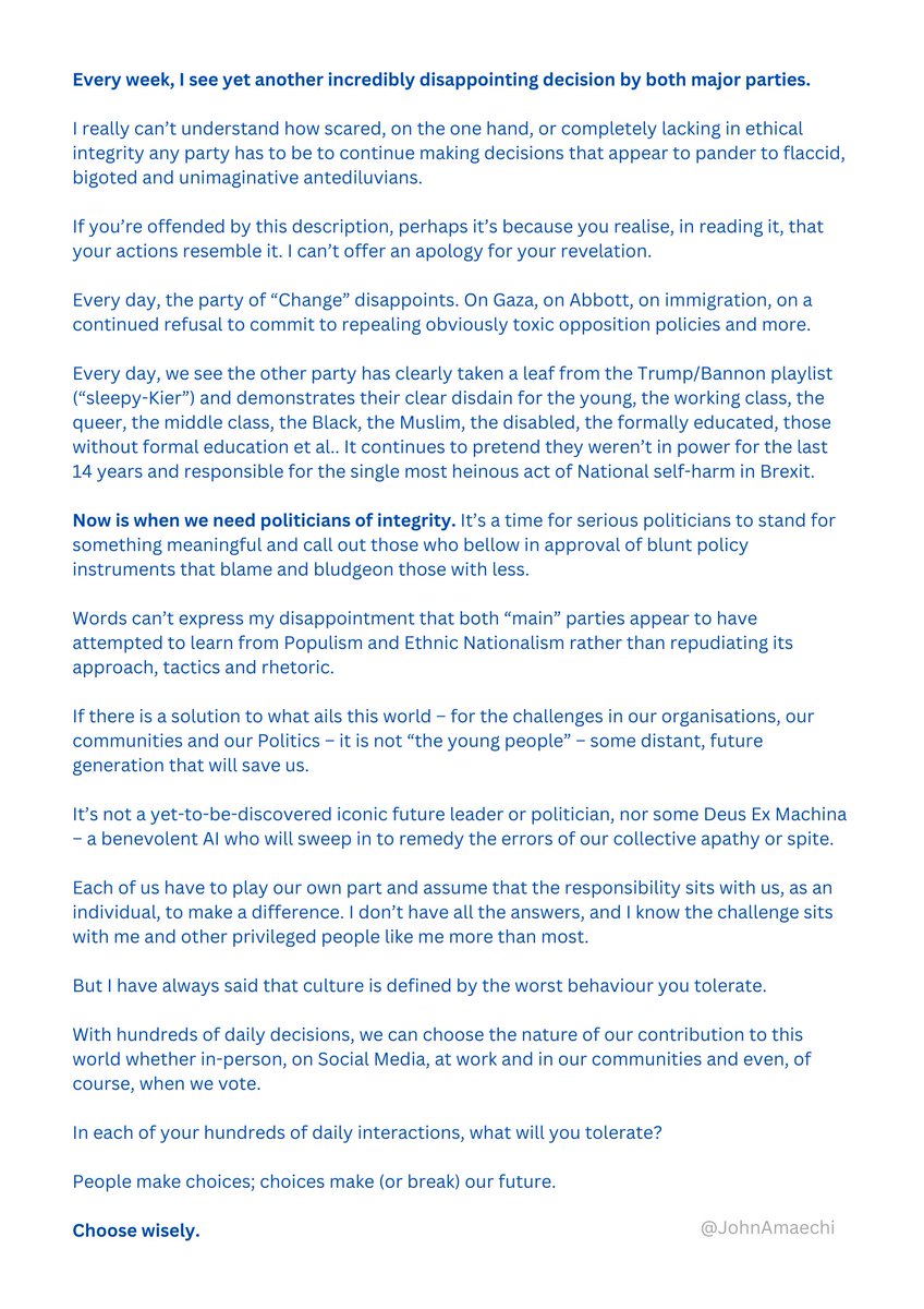Today, parliament dissolves…but every week, I see yet another incredibly disappointing decision by both major parties.

I have always said that culture is defined by the worst behaviour you tolerate.
 
What will you tolerate?