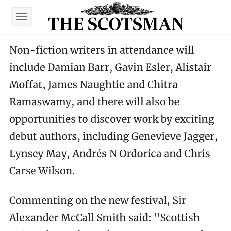 Chris Carse Wilson (@chriscarsewilso) on Twitter photo Looking forward to this new Scottish book festival in London!
Join us in November for top quality debut author fun with the wonderful <a href="/LynseyMay/">Lynsey May</a> <a href="/poltervieve/">Genevieve Jagger</a> <a href="/AndresNOrdorica/">Andrés N. Ordorica</a>
(Plus, there are some other authors you might have heard of.)
Full story: scotsman.com/arts-and-cultu… Looking forward to this new Scottish book festival in London!
Join us in November for top quality debut author fun with the wonderful <a href="/LynseyMay/">Lynsey May</a> <a href="/poltervieve/">Genevieve Jagger</a> <a href="/AndresNOrdorica/">Andrés N. Ordorica</a>
(Plus, there are some other authors you might have heard of.)
Full story: scotsman.com/arts-and-cultu…