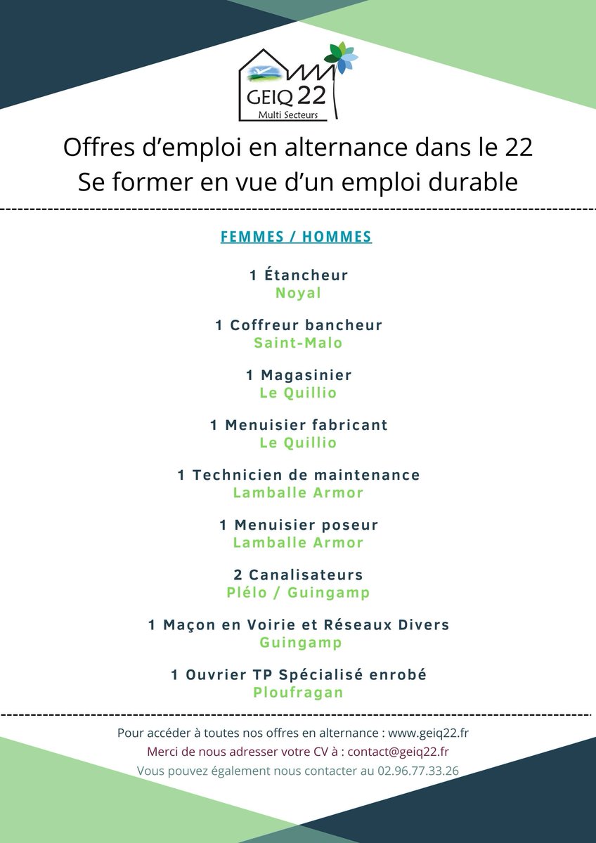 📢Le GEIQ 22 Multi Secteurs recherche des candidats pour des postes à pourvoir en alternance (contrat d’apprentissage ou contrat de professionnalisation à déterminer selon les profils), visant l’emploi durable.
👉Sur geiq22.fr figurent les descriptions des postes!