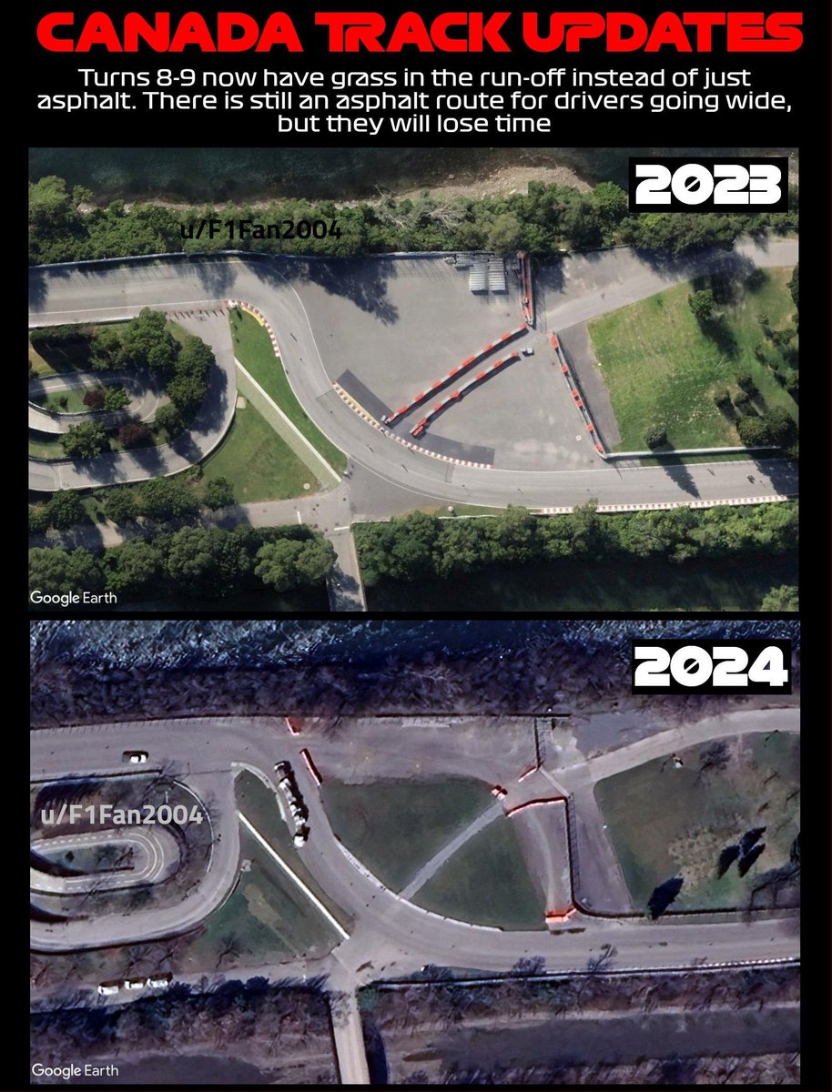 🚨 El circuito de Gilles Villeneuve ha sufrido algún cambio respecto a 2023. 👉 Se ha añadido hierba en la escapatoria de las curvas 8-9. [Foto: F1Fan2024]