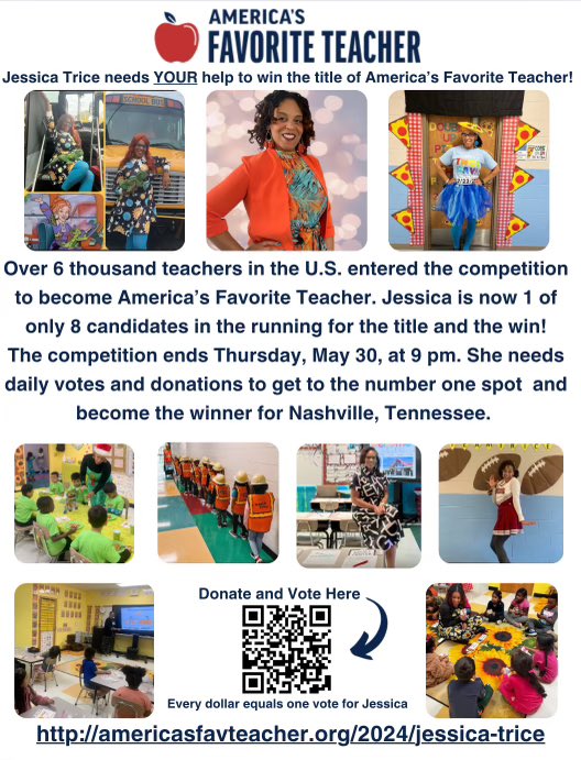Vivian4Service's tweet photo. This amazing Teacher is on fire! Jessica Trice needs our votes big time, and/or your donations to be an America’s @TeachForAmerica favorite teacher. Jessica is the only Tennessee Teacher and is 1 of 8 contestants that started with 6,000 in the USA in the finals. Come on yall! https://t.co/Mtr1hmbbZR