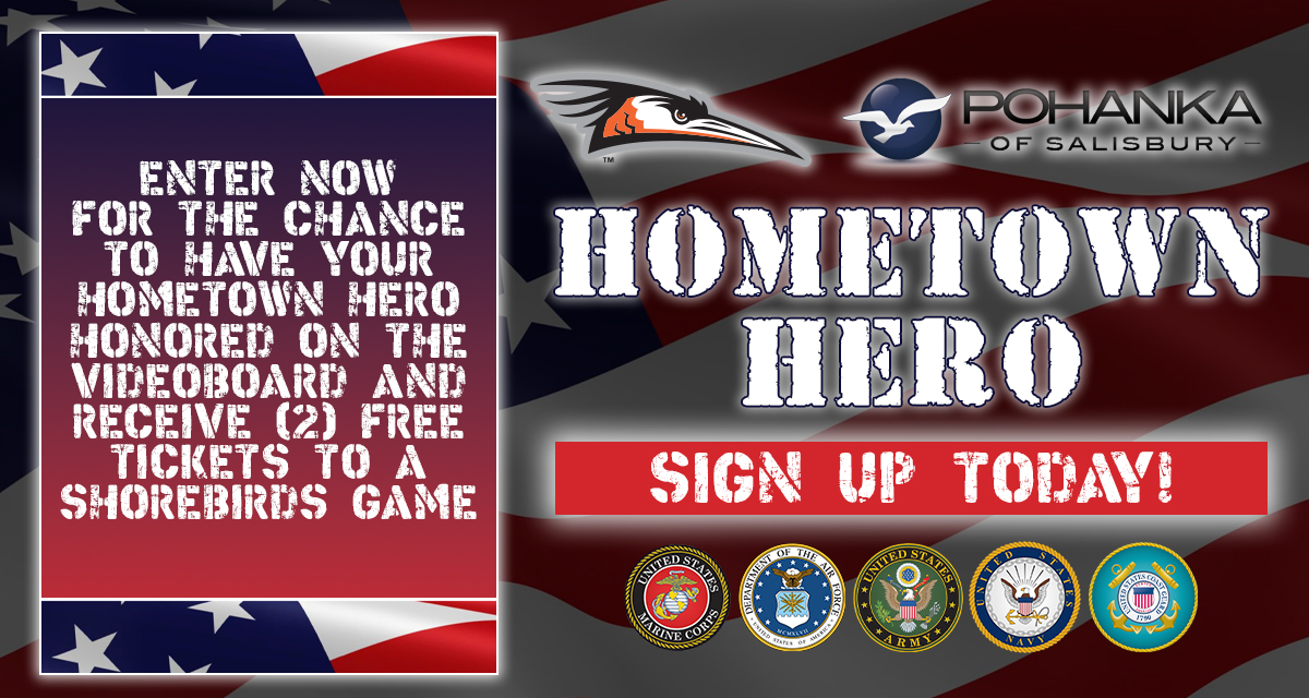 This season, the Shorebirds have teamed up with @pohanka  to honor our military at Shorebirds games this season! Fans can nominate a Hometown Hero of the game for the chance to have them honored on the videoboard! 

Nominate 👉 bit.ly/3zgEwWB

#FlyTogether | #CommUNITY