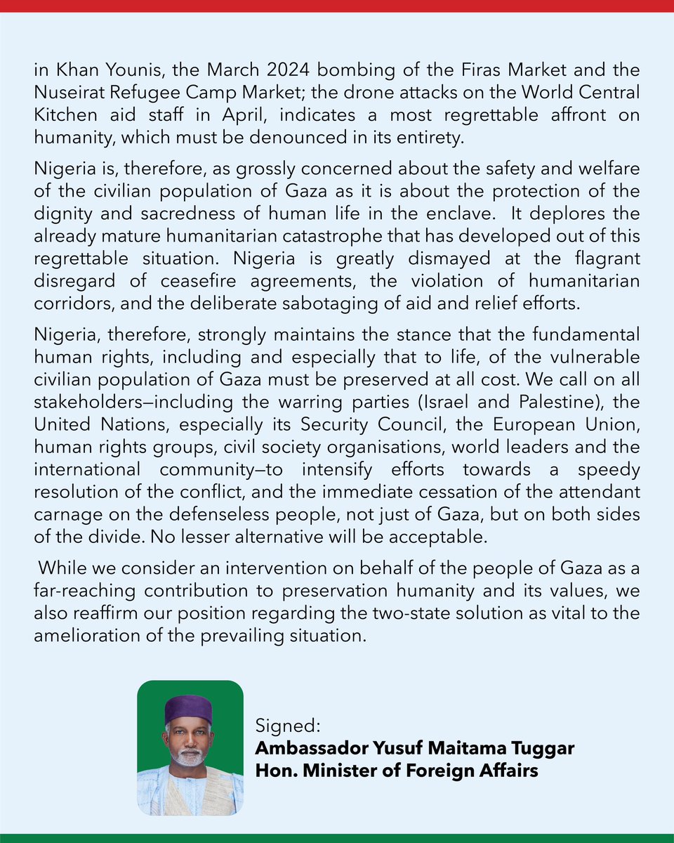 YusufTuggar's tweet image. A Statement by Nigeria on the Escalation of Attacks on Civilian Targets in Gaza and the General Urgent Need for the Restoration of Peace in the Region.