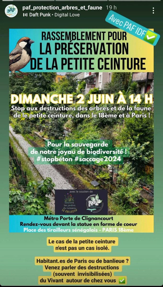#PetiteCeinture : rassemblement dimanche 2 juin à 14h pour la préservation des arbres et de la biodiversité dans le 18e pte de Clignancourt. @farahjardin @FNE_Paris @FneIDF @SOSParis @GNSA_arbres @AArbresCitoyens @A_ARBRES @LeParisien_75 @20Minutes @le18edumois @ProtectionArbre
