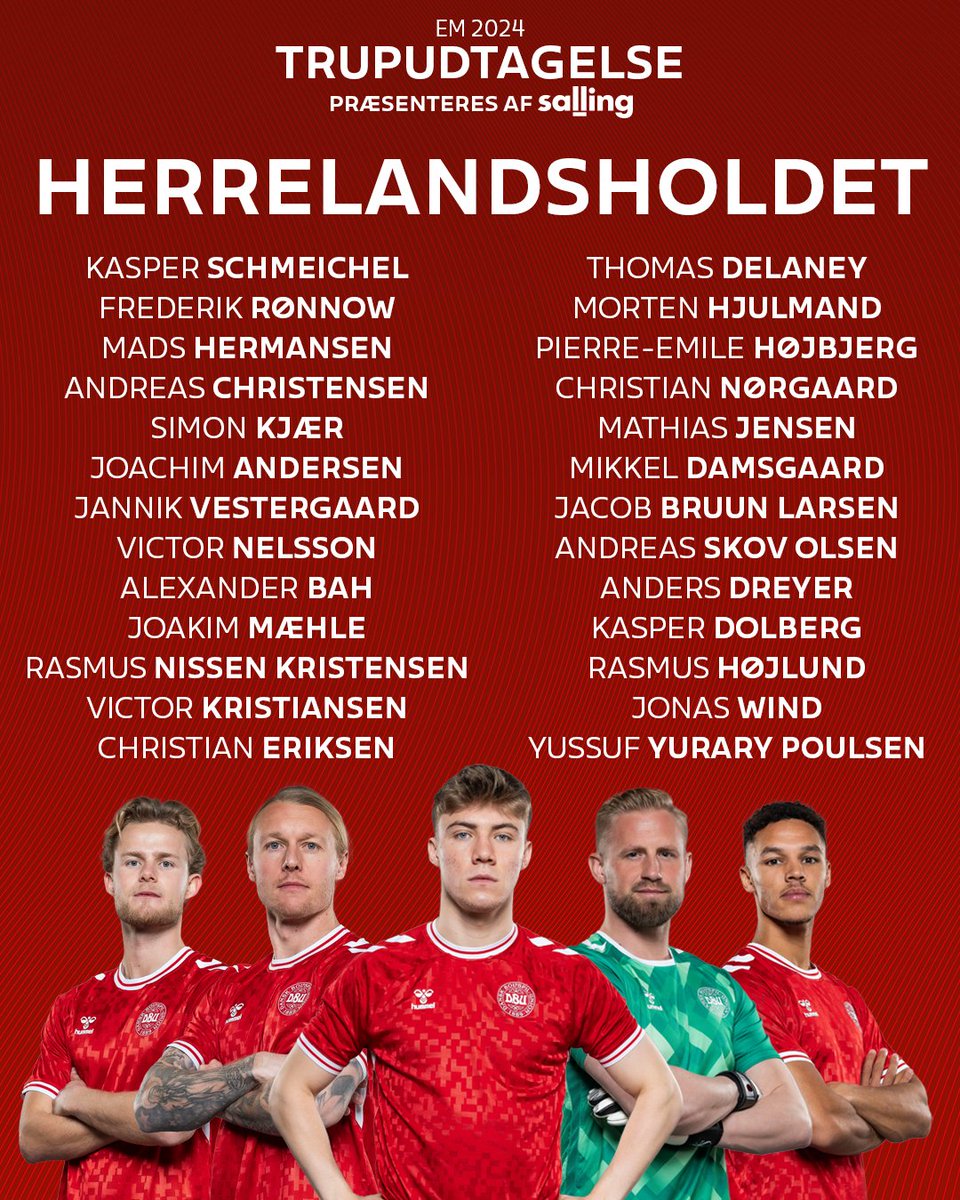 EM-truppen 🇩🇰

Kasper Hjulmand har sat navn på de 26 spillere, som skal repræsentere Danmark til EM i Tyskland 🏆

Kom så Danmark 🇩🇰

📸 @fbbillederdk
#herrelandsholdet #ForDanmark #EM #trup #EURO2024 #team #denmark #squad