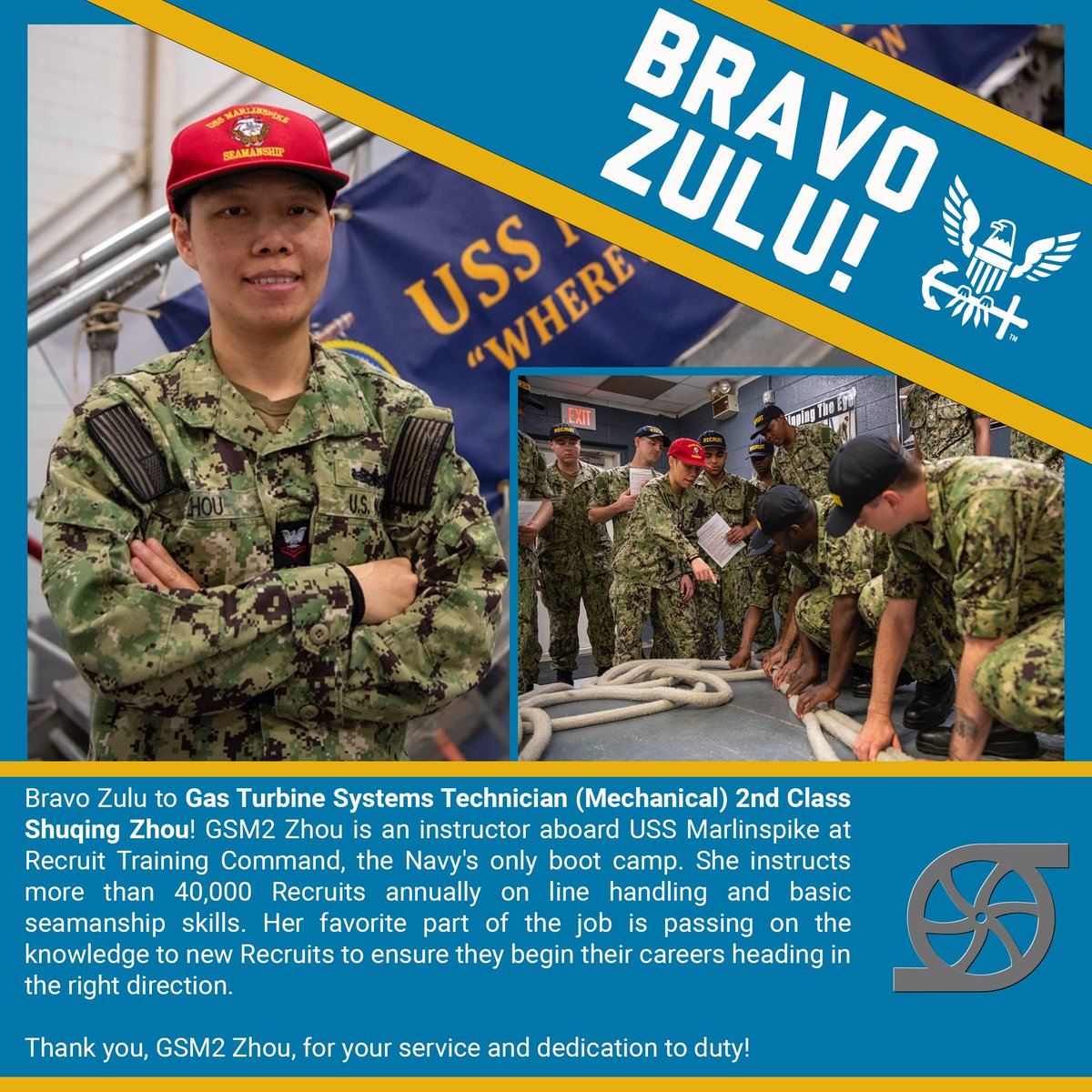 Bravo Zulu to Gas Turbine Systems Technician (Mechanical) 2nd Class Shuqing Zhou! 🎉 At @NavyRTC, she aims to pass along a crucial lesson to every future Sailor, “It’s okay to laugh and love who you are, but remember what you represent.” ⚓