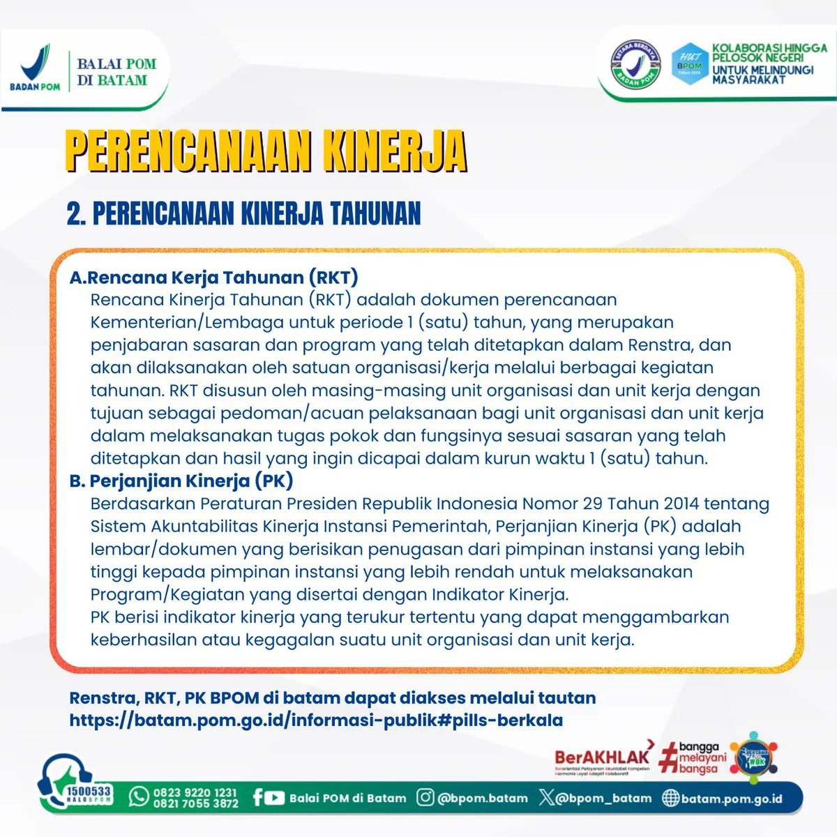 Hai #SahabatBPOM, beberapa waktu lalu kita sudah simak tentang SAKIP (Sistem Akuntabilitas Kinerja Instansi Pemerintah). 
Nah, kali ini kita akan bahas tentang perencanaan kinerja. 
Yuk, simak infografis berikut ini.
#BPOM #BPOMRI #BalaiPOMdiBatam #SAKIP #PerencanaanKinerja