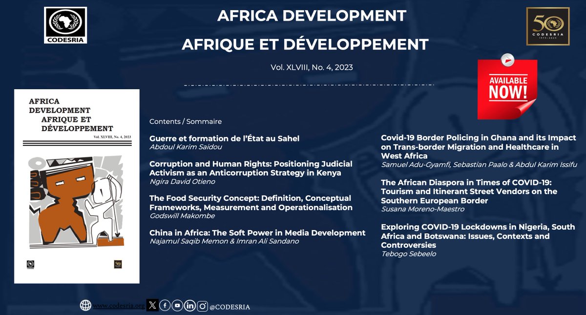 📢 New Issue Out Now! Check out Africa Development/Afrique et Développement (Vol. 48, No. 4, 2023) for the latest research on African development. 🌍📚
Read here: journals.codesria.org/index.php/ad/i…
#AfricaDevelopment #CODESRIA #Research #SocialScience