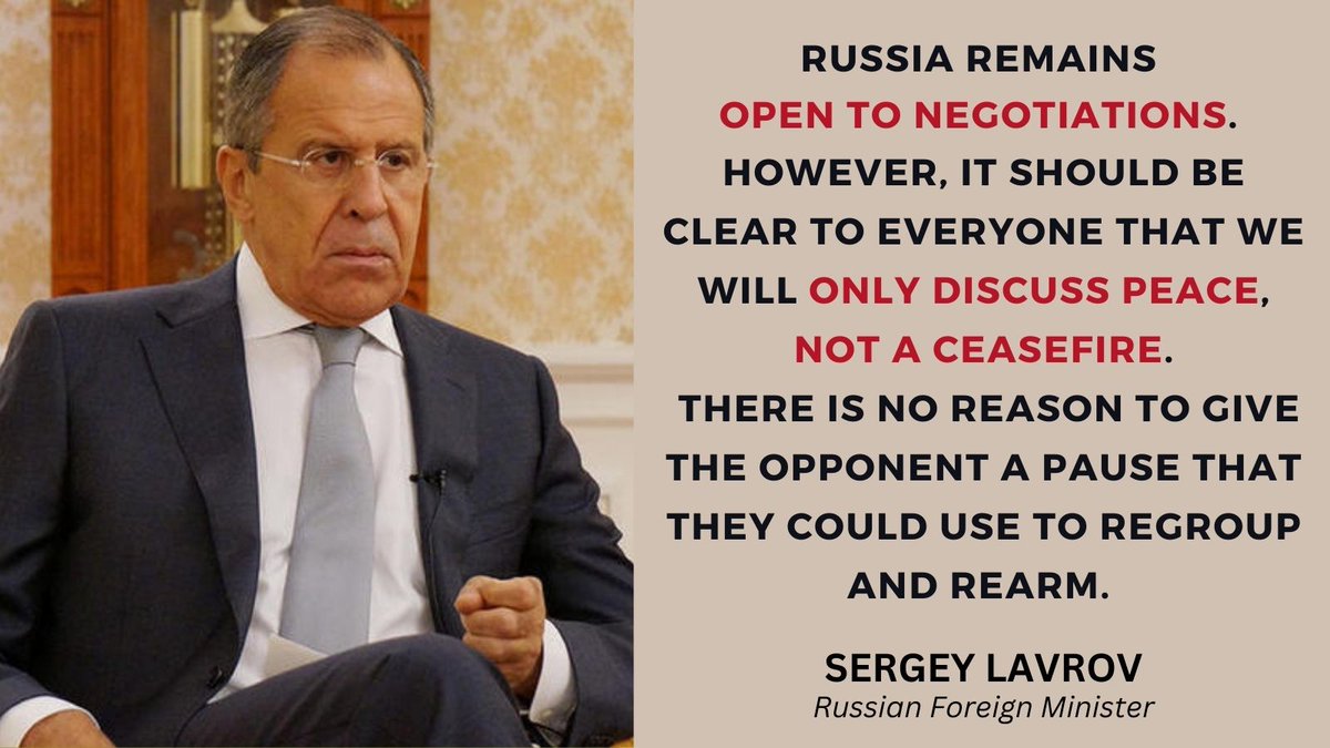 💬FM Sergey #Lavrov: Russia remains open to negotiations. However, it should be clear to everyone that we will only discuss peace, not a ceasefire. There is no reason to give the opponent a pause that they could use to regroup and rearm. Negotiations must be based on the