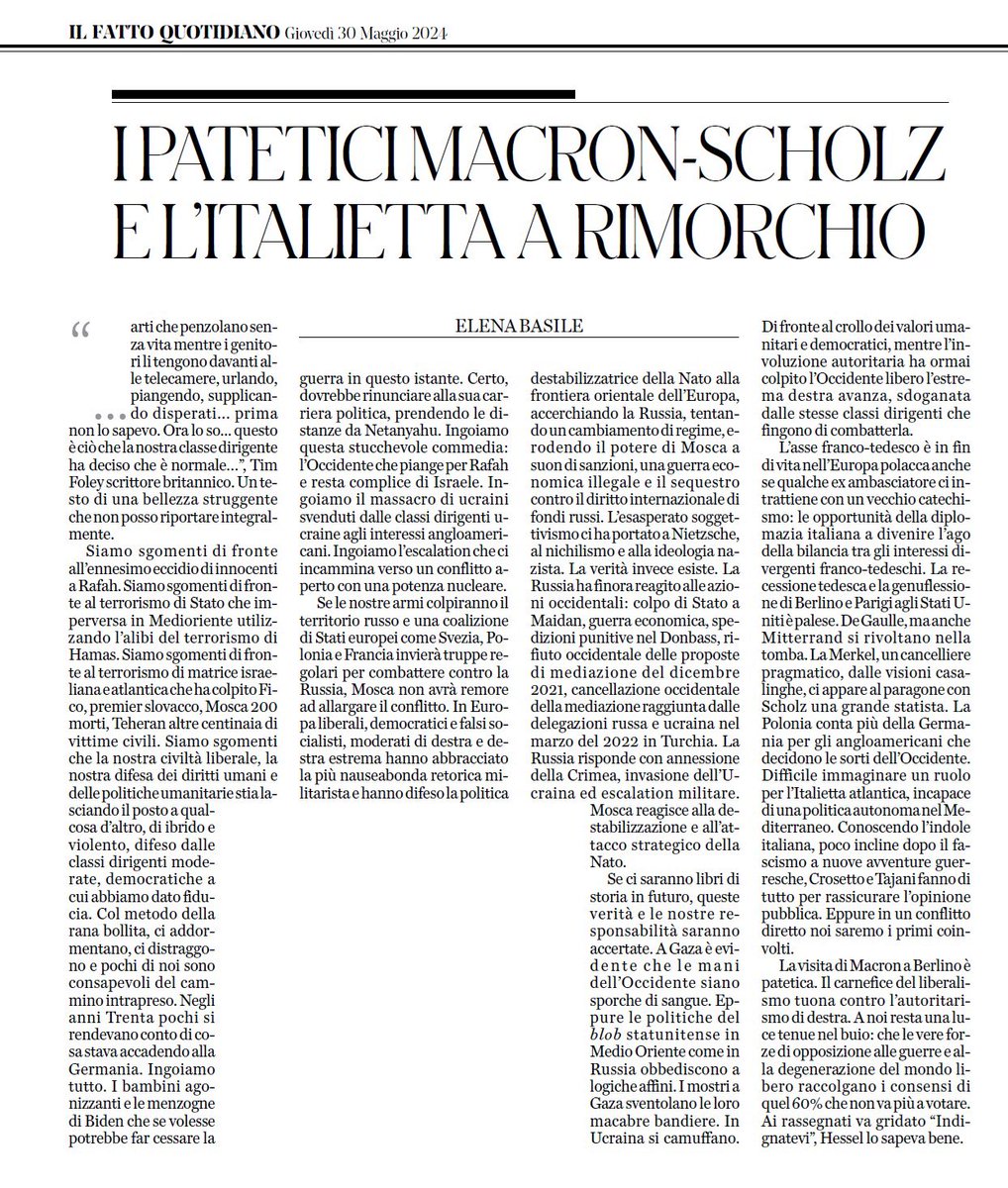 🔴 I PATETICI MACRON-SCHOLZ E L’ITALIETTA A RIMORCHIO Se ci saranno libri di storia in futuro, queste verità e le nostre responsabilità saranno accertate. A Gaza è evidente che le mani dell’Occidente siano sporche di sangue. Eppure le politiche del blob statunitense in Medio