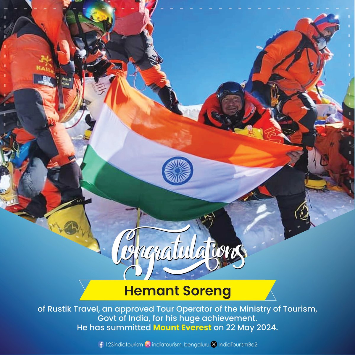 We at the @tourismgoi Bengaluru proudly share with you the news of Shri. Hemant Soreng, our approved tour operator, summiting Mt Everest on 22 May. Congrats to him.💐 @RustikTravel @iato_india @incredibleindia @ATOAIexplore #MountEverest