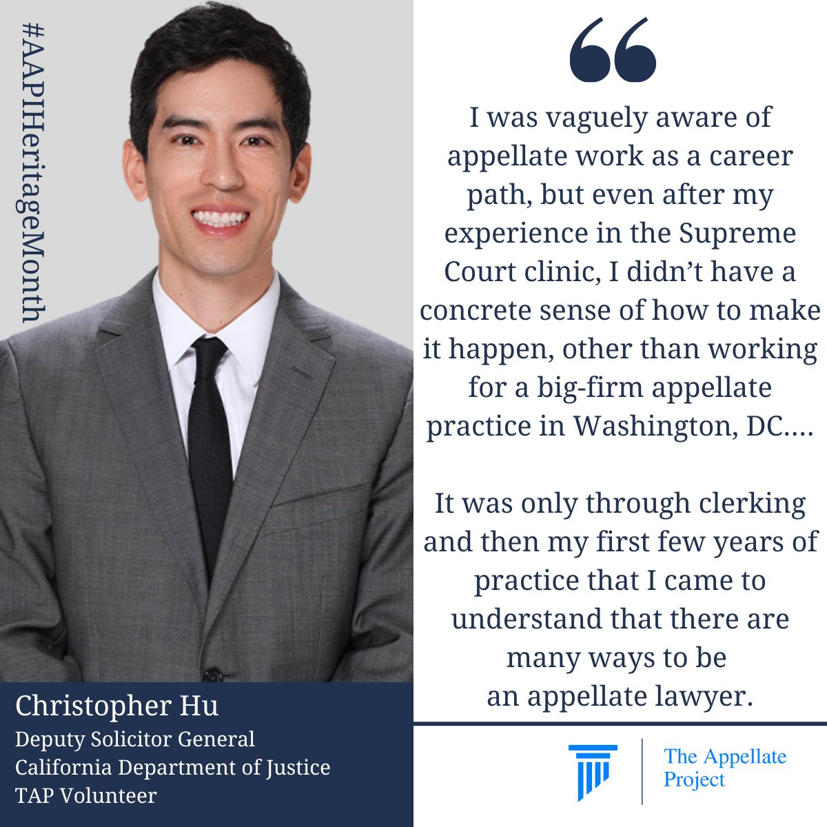 To close out #AAPIHeritageMonth, we're thrilled to highlight Christopher Hu, Deputy Solicitor General at the  California Department of Justice and TAP volunteer: 

theappellateproject.org/christopher-hu 

#appellatetwitter #lawtwitter