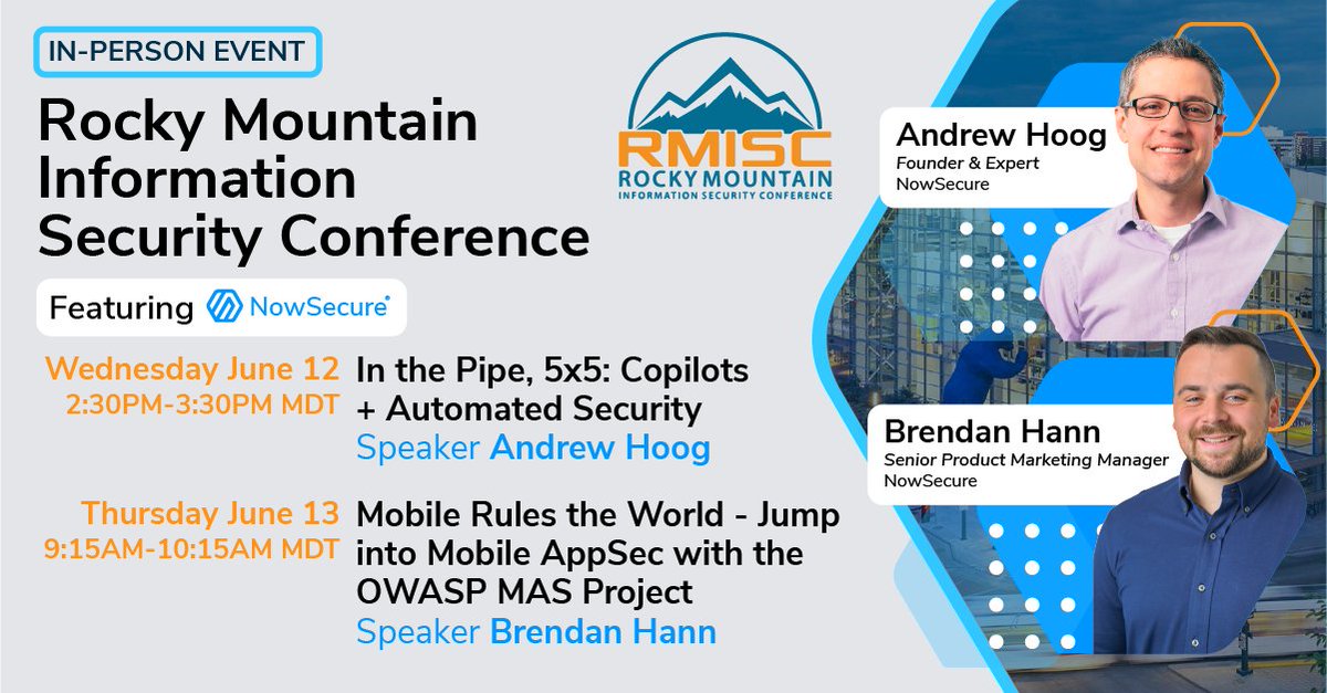 NowSecureMobile's tweet image. Join us at the Rocky Mountain Information Security Conference #RMISC next month! Catch NowSecure experts @ahoog42 and Brendan Hann in two exciting sessions on #GitHub Copilot and #mobileappsec with the #OWASP MAS project. Don&apos;t miss out!