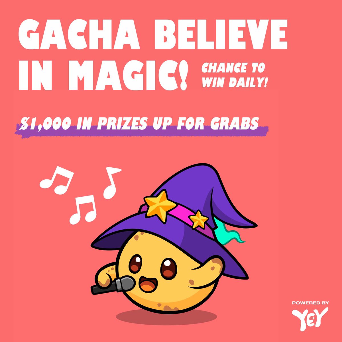 /1 ✨ Gacha Believe in Magic! ✨

To celebrate our recent partnership with <a href="/YEYtechnologies/">YEY 🤙</a> , we’re launching a daily draw event to highlight the new GACHA feature on Yey
- ✨$1,000✨ in PrizePool
- Claim daily to try and win from the pool while prizes last!

Claim link +more 👇🏼