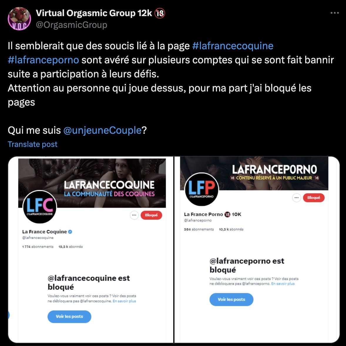 Je n'aurais pas aimé être le voisin de OrgasmicGroup pendant la guerre ... Chacun est libre de poster sous mes posts ou non, mais en ce qui me concerne ceux qui me calomnient et bloquent le compte en pensant que personne ne me préviendra, incitent les autres à faire de même et