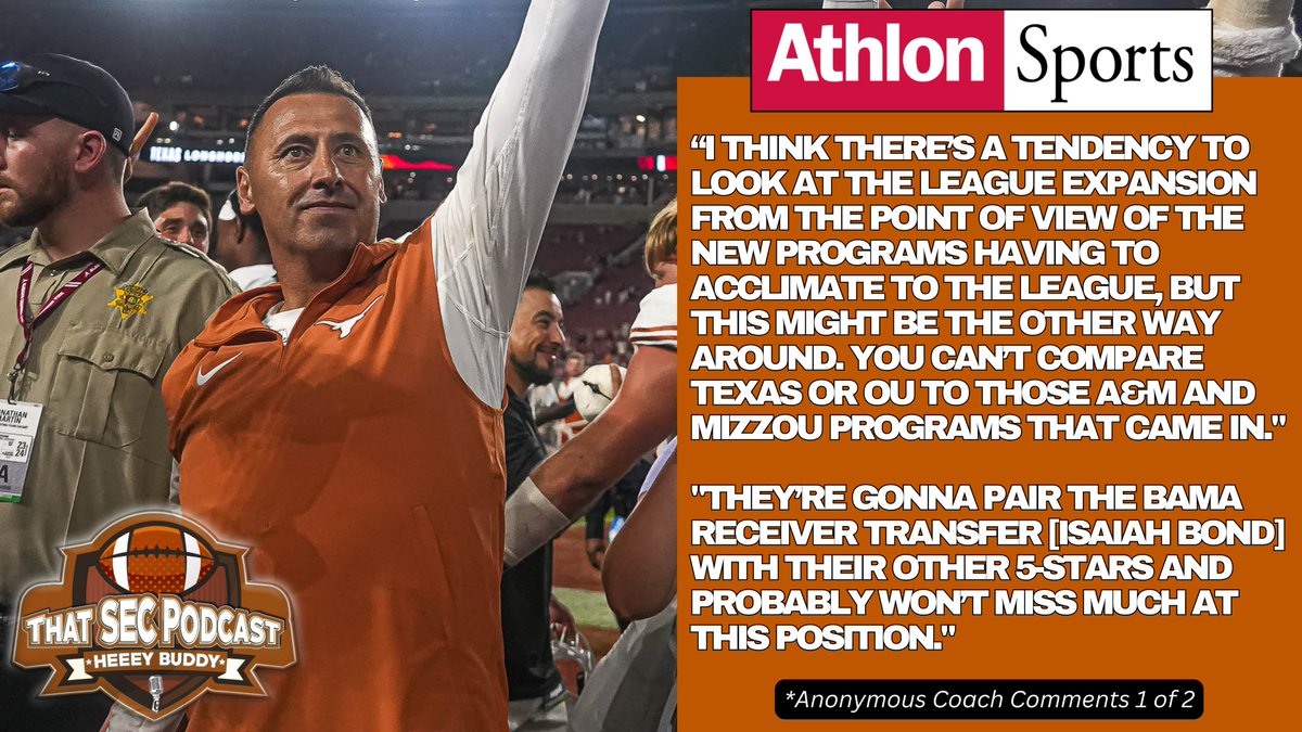 Anonymous Coach Comments on Texas from Athlon Sports CFB Preview Magazine:

“I think there’s a tendency to look at the expansion from the point of view of the new programs having to acclimate to the league, but this might be the other way around." 👀

Texas going to run the SEC?