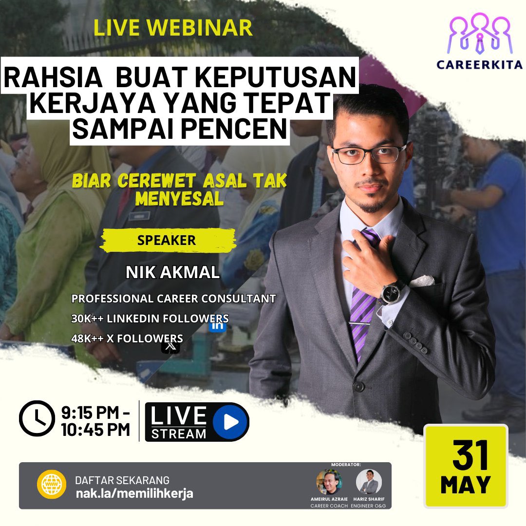 Besok webinar ni akan bersiaran! Jom join register dengar topik macammana nak stay dalam career untuk jangka masa panjang. Speaker pun bukan biasa biasa😎 Daftar di👇🏻 nak.la/memilihkerja