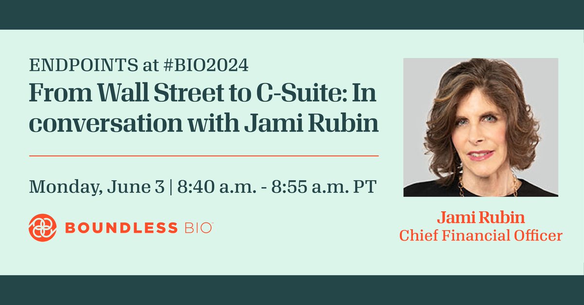 Boundless Bio (@boundlessbio) on Twitter photo #BIO2024 is approaching and weâre excited to see our CFO, Jami Rubin, sit down with <a href="/endpointsnews/">Endpoints News</a>' <a href="/ArmstrongDrew/">Drew Armstrong</a> on Monday to discuss Jamiâs career, deep expertise in biopharma and her journey to Boundless Bio. Learn more and join us: events.endpts.com/bio24/agenda?r⌠#BIO2024 is approaching and weâre excited to see our CFO, Jami Rubin, sit down with <a href="/endpointsnews/">Endpoints News</a>' <a href="/ArmstrongDrew/">Drew Armstrong</a> on Monday to discuss Jamiâs career, deep expertise in biopharma and her journey to Boundless Bio. Learn more and join us: events.endpts.com/bio24/agenda?râŚ