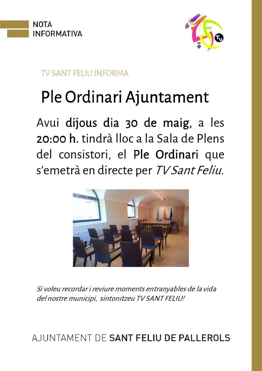 📣Ple Ordinari de l'Ajuntament

🗓️Dijous 30 de maig
⏰20:00 h
📍Sala de Plens del consistori
#santfeliudepallerols 

📺 S'emetrà en directe per TV Sant Feliu
@tvsantfeliu