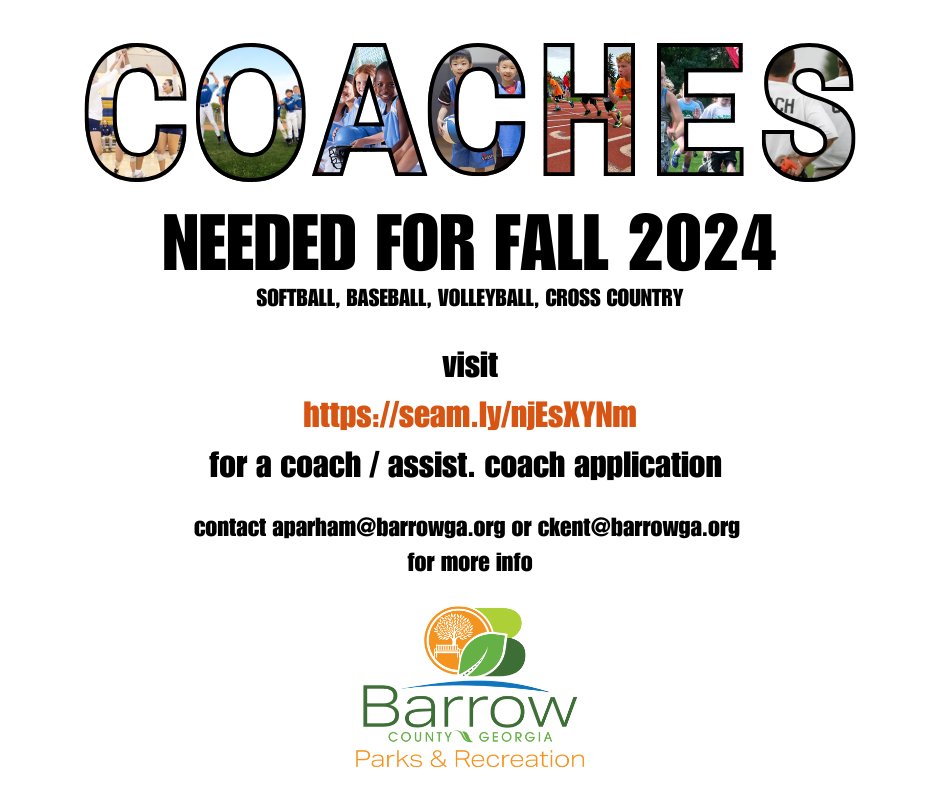 Barrow Recreation (@barrowrec) on Twitter photo Coaches are needed for our Fall 2024 season!
Visit seam.ly/njEsXYNm for a coach application.
Fall registration begins July 1st - July 31st online only at barrowleisureservices.org
email aparham@barrowga.org or ckent@barrowga.org for more information. Coaches are needed for our Fall 2024 season!
Visit seam.ly/njEsXYNm for a coach application.
Fall registration begins July 1st - July 31st online only at barrowleisureservices.org
email aparham@barrowga.org or ckent@barrowga.org for more information.
