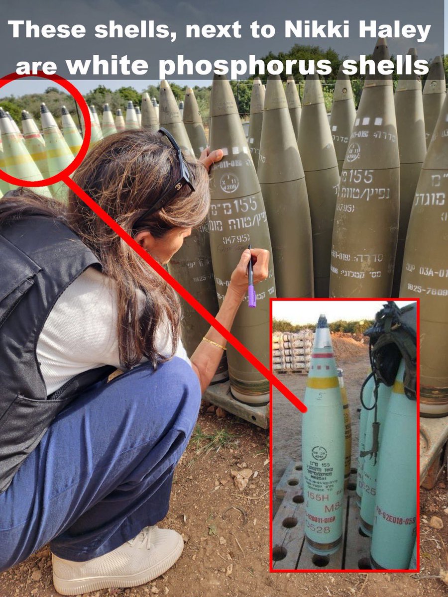 🚨BREAKING: The shells just next to Nikki Haley when she signed “Finish Them”, are internationally prohibited white phosphorus shells used by israel.