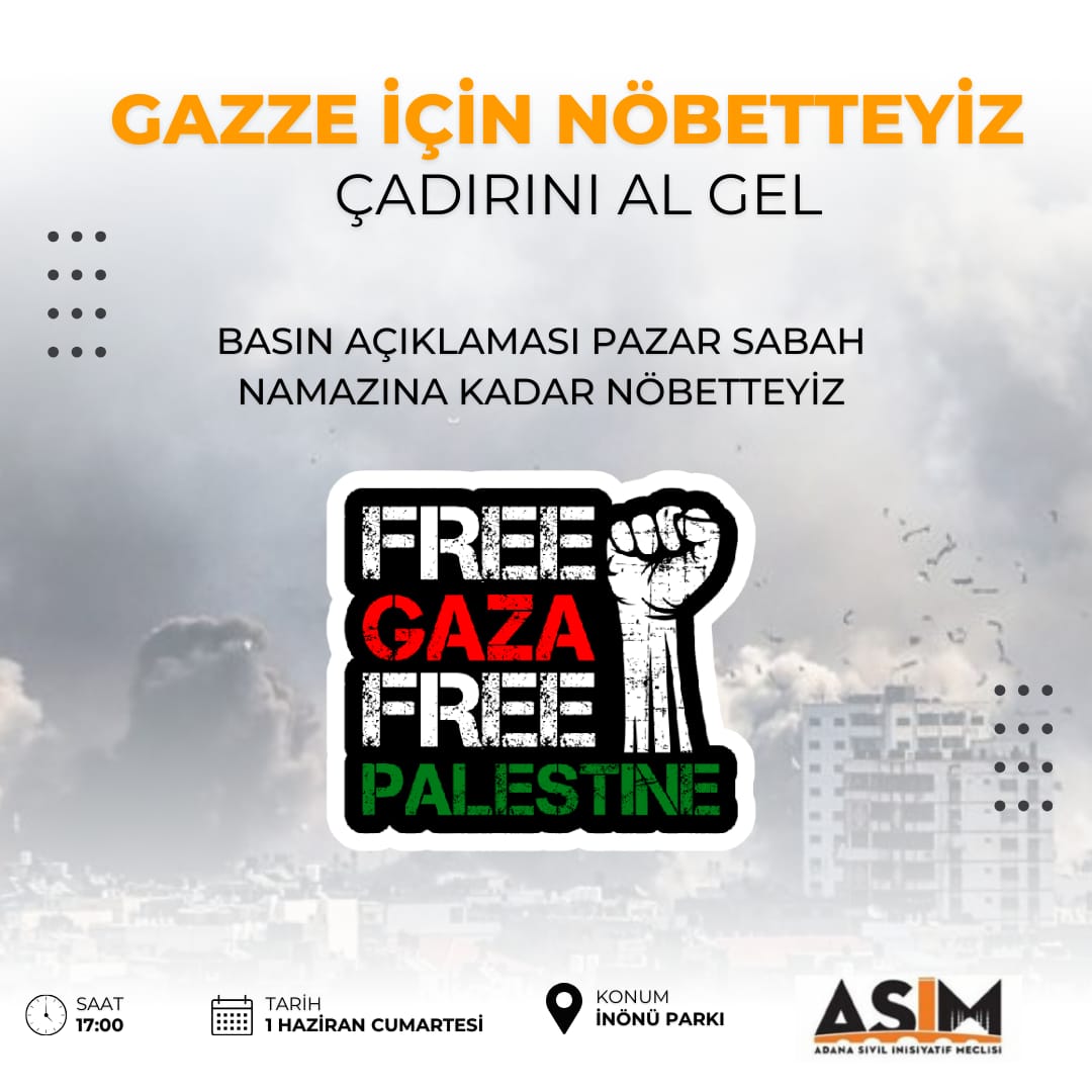 Gazze için nöbetteyiz! Çadırını al gel

Basın açıklaması ve sabah namazına davet 

🕔 17:00
🗓️ 1 Haziran Cumartesi 
📌 İnönü Parkı