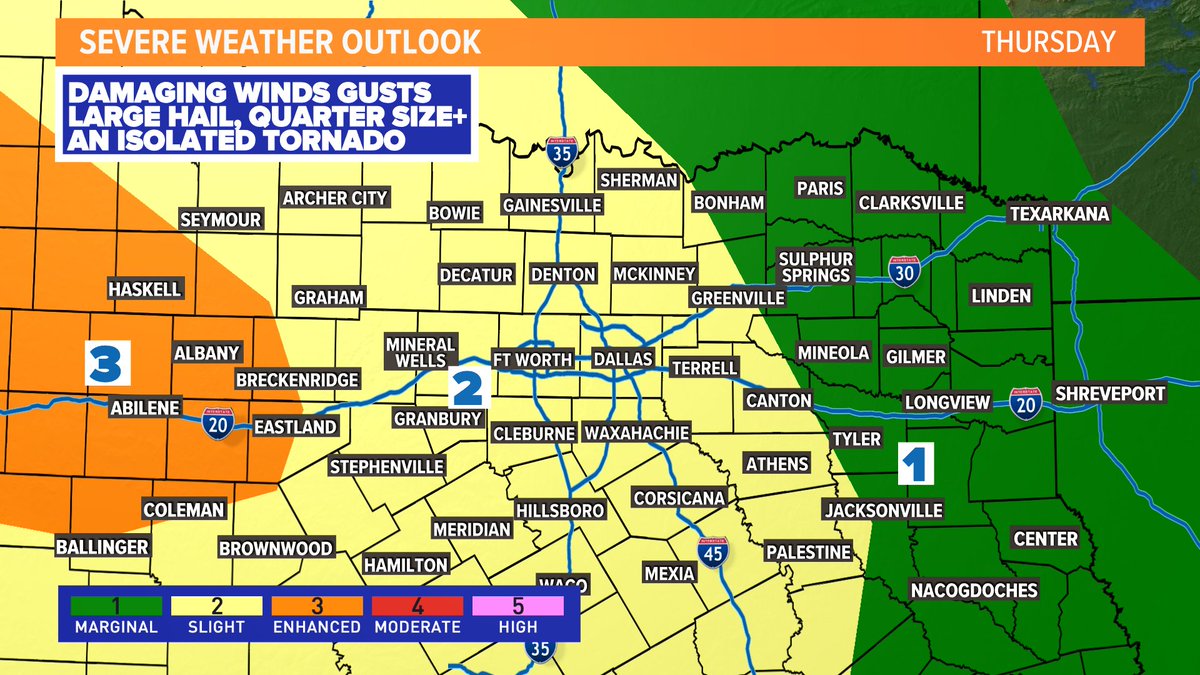 Here's the updated Severe Weather Outlook for today. The Slight Risk Level 2) has expanded to include all of the DFW Metroplex with and an Enhanced Risk (Level 3) has been added farther west. #iamup #wfaaweather