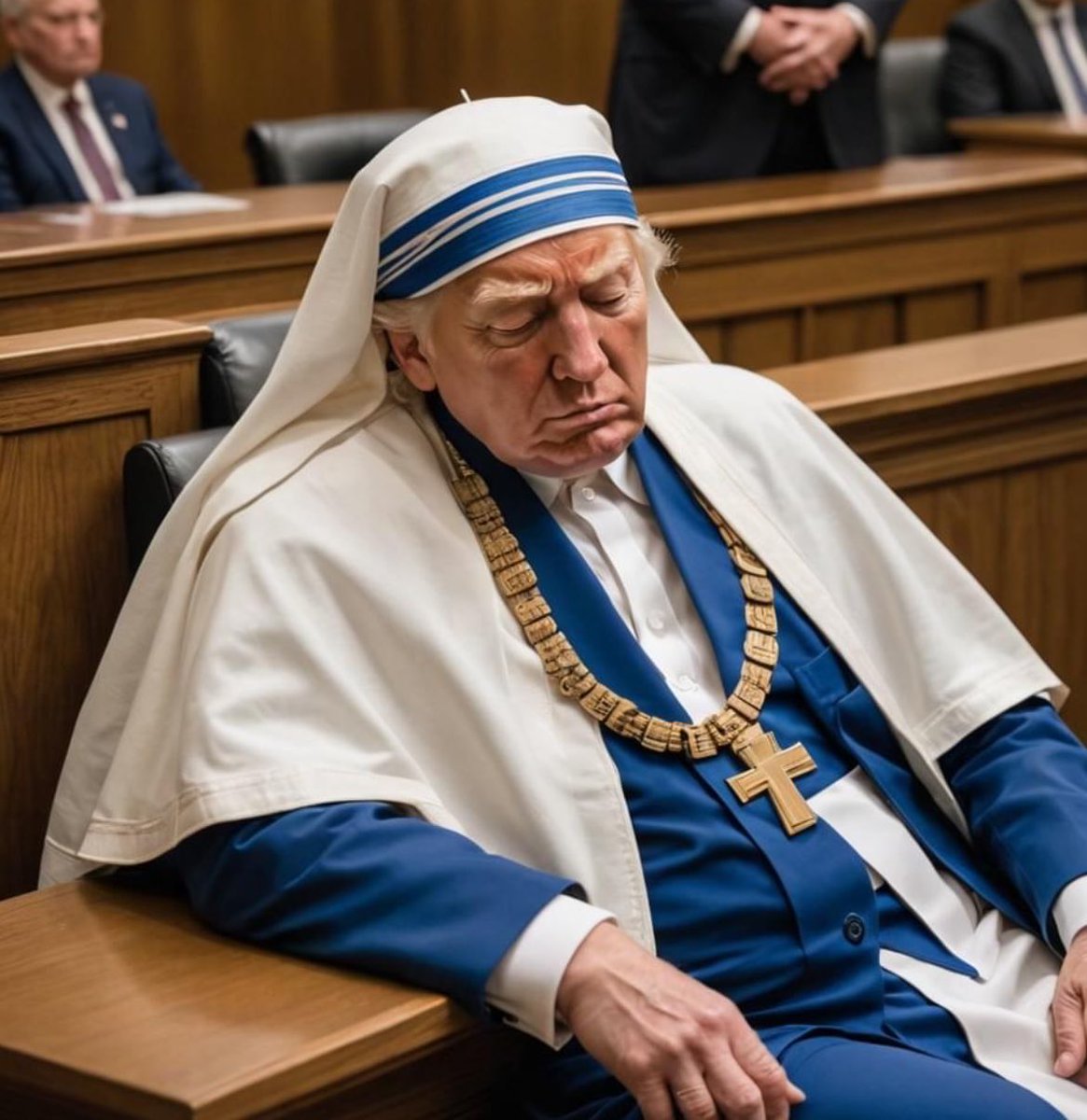 Day 2 of Mother Theresa waiting in court while the jury deliberates her fate. If only she hadn’t falsified her business records to cover up that hush money payment to a porn star.