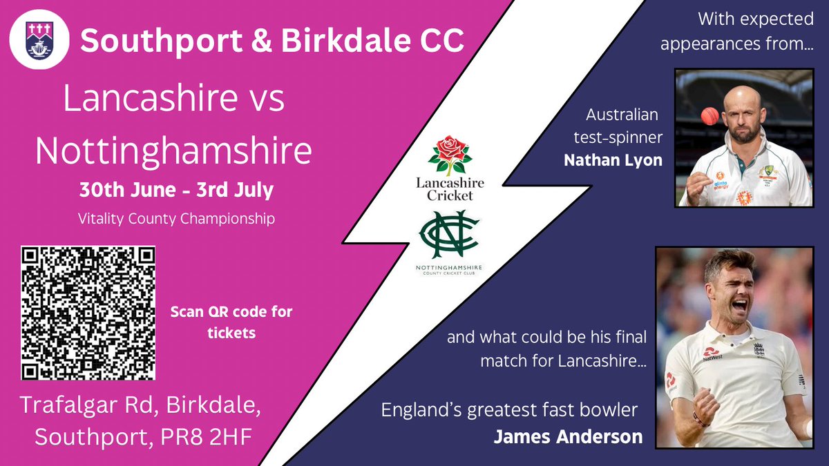 Southport & Birkdale Cricket Club (@snbcc) on Twitter photo 🚨 One Month Today!! 🚨
Lancashire vs Nottinghamshire <a href="/SNBCC/">Southport & Birkdale Cricket Club</a>
We can’t promise anything but we’re expecting England’s leading wicket-taker Jimmy Anderson to play, as well as Australia’s test spinner Nathan Lyon.
Book your tickets here:
tickets.lancashirecricket.co.uk/selection/even… 🚨 One Month Today!! 🚨
Lancashire vs Nottinghamshire <a href="/SNBCC/">Southport & Birkdale Cricket Club</a>
We can’t promise anything but we’re expecting England’s leading wicket-taker Jimmy Anderson to play, as well as Australia’s test spinner Nathan Lyon.
Book your tickets here:
tickets.lancashirecricket.co.uk/selection/even…