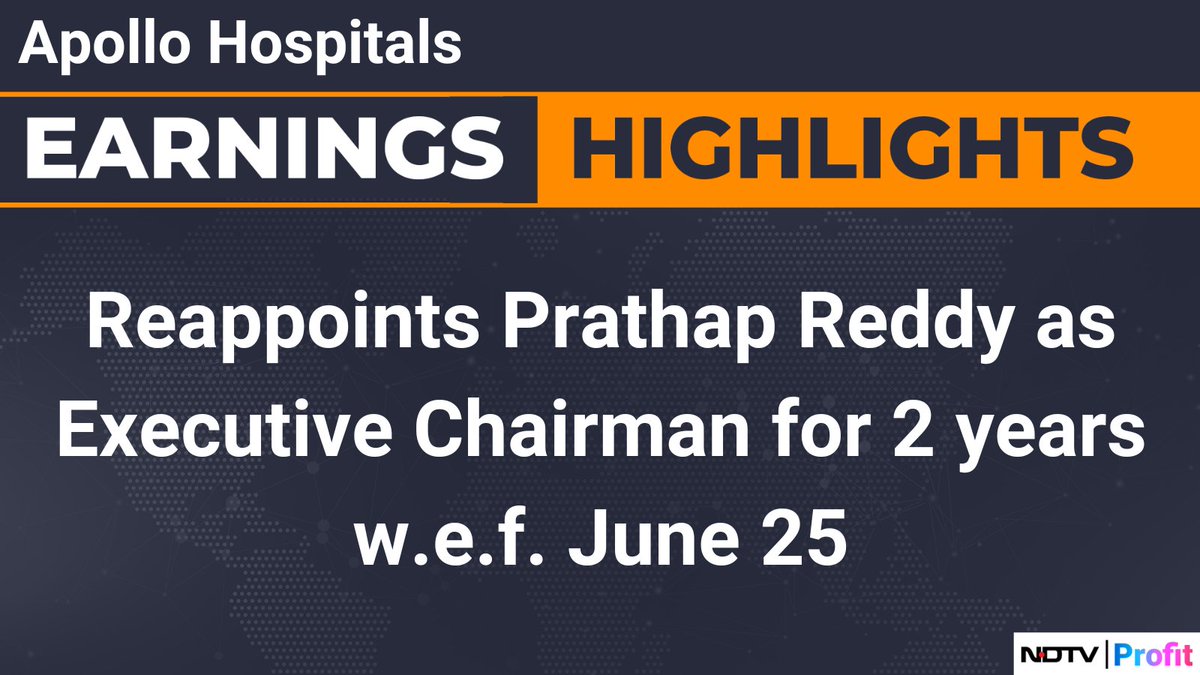 #ApolloHospitals reappoints Prathap Reddy as Executive Chairman for 2 years w.e.f. June 25. #Q4WithNDTVProfit 

For all the latest earnings updates, visit: bit.ly/37kV0CO