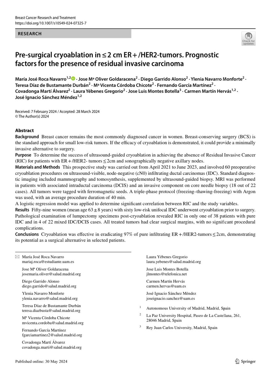 Factores pronósticos y resultados de la serie del <a href="/UnidadmamaLaPaz/">Unidad Mama Hospital La Paz</a> en crioablación de tumores mama<2cm. Enhorabuena a todos, en especial a la <a href="/dra/">どら＠常時寝起き</a> MJ Roca!
Prognostic factors and results of #cryoablation in #breastcancer <2cm. 
Future is now!!