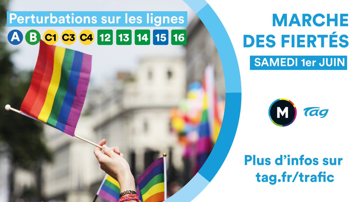 Ce samedi 1er juin aura lieu la marche des fiertés mettant à l'honneur toutes les personnes LGBTQIA+ 🏳️‍🌈

⚠️ À noter que les lignes A, B, C1, C3, C4, 12, 13, 14, 15 et 16 seront perturbées dans l'après-midi.

Plus d'infos sur 👉 tag.fr/trafic

#mtag #grenoble #bus #tram
