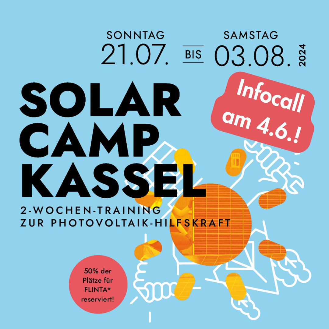 Unser SolarCamp startet in 2 Monaten – bis zum 18.6 ist noch Zeit, sich anzumelden. Für diejenigen, die noch Fragen oder Zweifel haben, machen wir am Di, 4.6. um 17 Uhr einen Infocall. Zur Anmeldung hier: solocal-energy.de/veranstaltunge…
Alle Infos zum SolarCamp: solocal-energy.de/solarcamp/