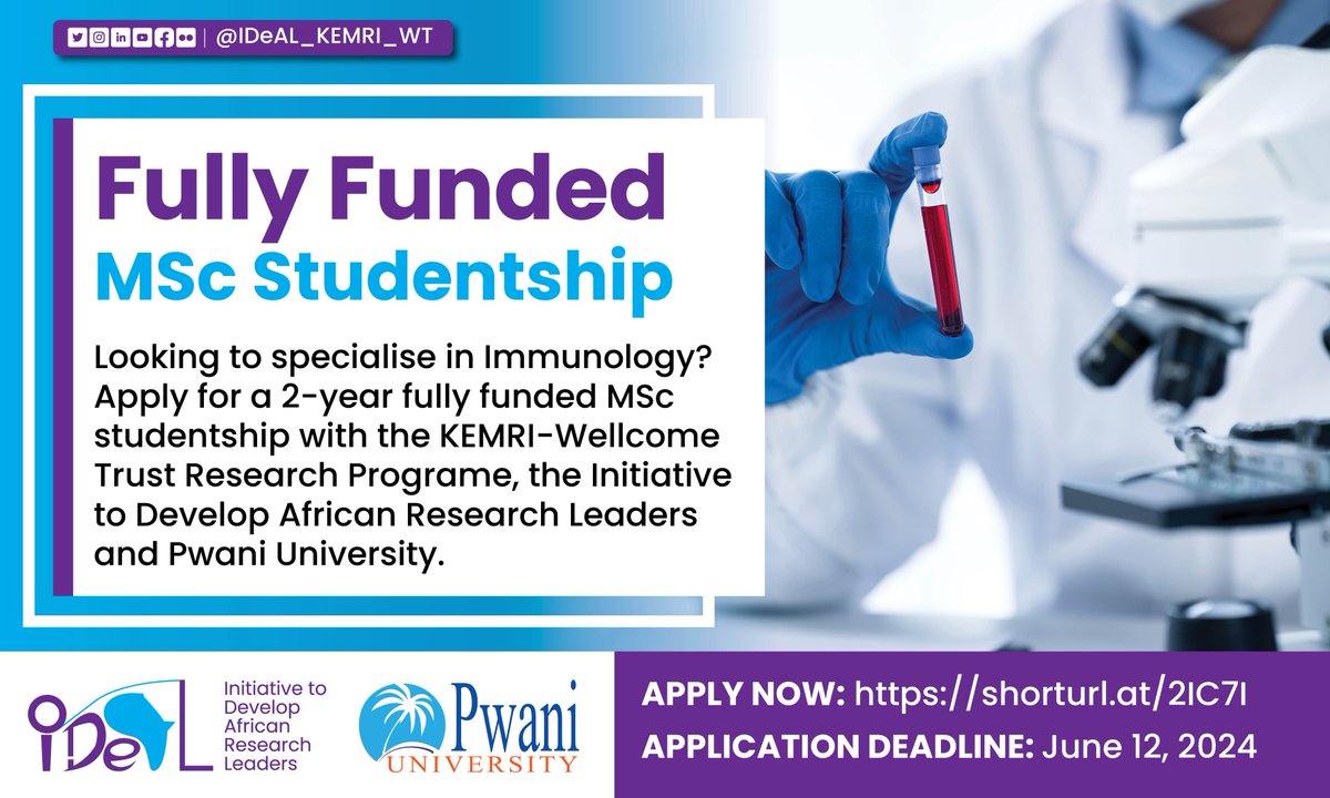 🚀Exciting Opportunity! 🚀Apply now for fully funded MSc in Immunology studentships at Pwani University with the support of @KEMRI_Wellcome & @IDeAL_KEMRI_WT. Start your research journey with us! 🔬🧬 Deadline: June 12, 2024. Apply today: shorturl.at/2IC7I Share widely