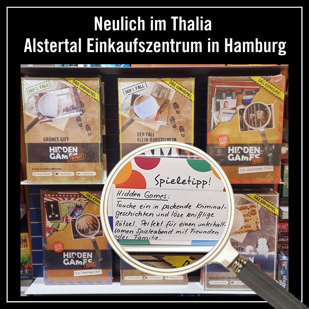 Hidden Games (@hiddengamescs) on Twitter photo Neulich in der Thalia Filiale im AEZ (Alstertal Einkaufszentrum) in Hamburg: hier gab es einen Spieletipp zu unseren Spielen. 😉Habt ihr sowas auch schon mal in Bezug auf unsere Spiele gesehen?
*
*
#hiddengames #hiddengamestatort #areyouhidden 
#thalia #thaliaaez #aez #spieletipp Neulich in der Thalia Filiale im AEZ (Alstertal Einkaufszentrum) in Hamburg: hier gab es einen Spieletipp zu unseren Spielen. 😉Habt ihr sowas auch schon mal in Bezug auf unsere Spiele gesehen?
*
*
#hiddengames #hiddengamestatort #areyouhidden 
#thalia #thaliaaez #aez #spieletipp
