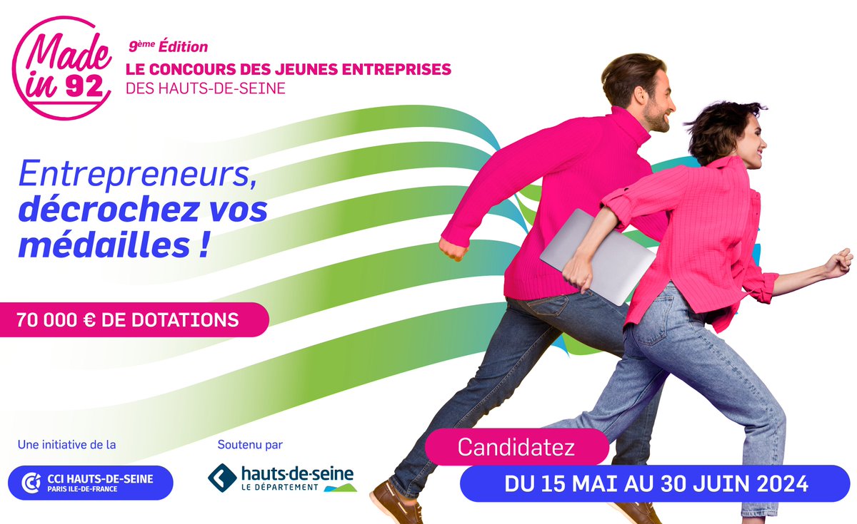 Vous dirigez une entreprise dynamique et innovante de moins de 8 ans dans les Hauts-de-Seine ? 🚀 

Il vous reste un mois pour candidater à Made in 92, le concours qui valorise l'esprit d'entreprendre ! 💪🔥

+ d'infos 👉 seineouest.fr/madein92-2024