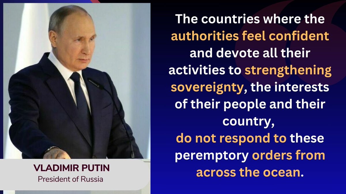 💬President #Putin: Countries that are weak, insecure, especially those with dozens of NGOs that feed off the American hand, are pecking at what they have been given, and, of course, it is easier to manipulate public consciousness in these countries, easier to pressure incumbent