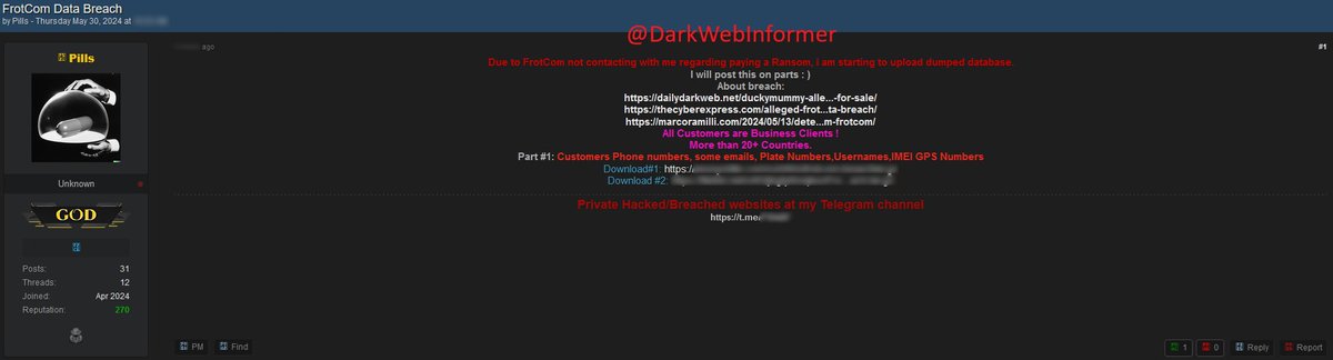 🚨DATA LEAK🚨A threat actor allegedly has leaked Part 1 of a database belonging to Frotcom. Details below.

#DarkWeb #Cybersecurity #Security #Cyberattack #Cybercrime #Privacy #Infosec

- All Customers are Business Clients
- More than 20+ Countries
- Part 1 contains Customers