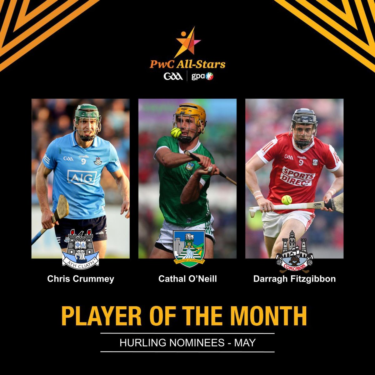🥁 Introducing the nominees for the PwC @officialgaa / @gaelicplayers Hurling Player of the Month for May: ⭐ Chris Crummey - @DubGAAOfficial ⭐ Cathal O'Neill - @LimerickCLG ⭐ Darragh Fitzgibbon - @OfficialCorkGAA Who will win? #PwCAllStars