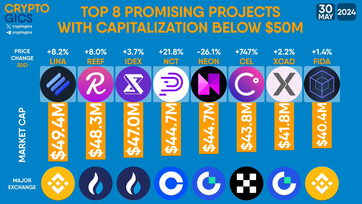 TOP 8 PROMISING PROJECTS WITH CAPITALIZATION BELOW 50M

$LINA $REEF $IDEX $NCT $NEON $CEL $XCAD $FIDA