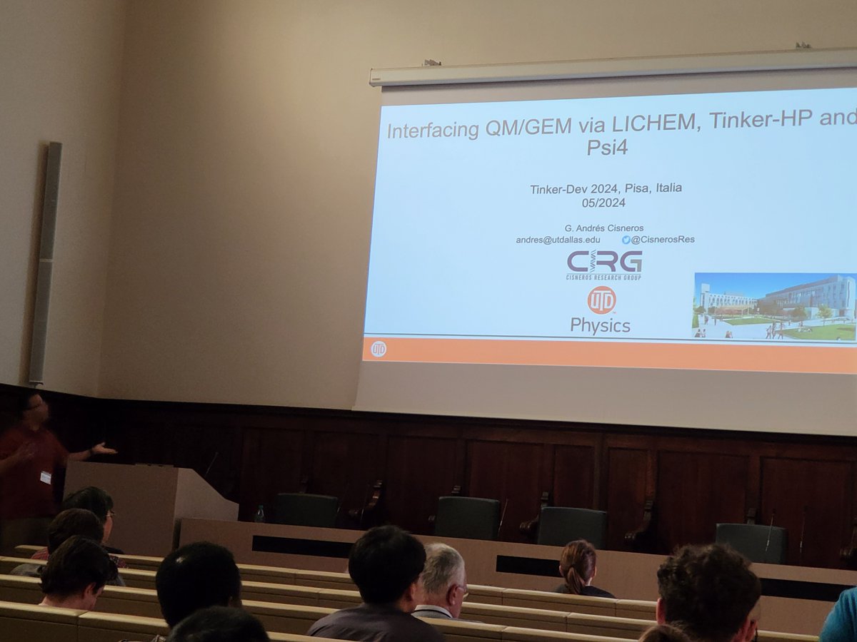 TINKERtoolsMD's tweet photo. Multiscale session (1/2) : with Michel Ceotto telling us about Semiclassically Approximated Quantum Molecular Dynamics using Force Fields; G. Andrés Cisneros @CisnerosRes Interfacing QM/GEM via LICHEM, Tinker-HP and Psi4 #tinkermeeting24 #compchem https://t.co/TQdH2phW6W