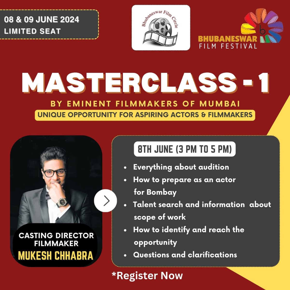 Aspiring Filmmakers & Actors! Join the Masterclasses on Film Acting & Screenplay Writing at #BhubaneswarFilmFestival from Bollywood stalwarts @CastingChhabra & @raiamitbabulal. Register now at the Google Form below - forms.gle/uBFLevLstjb9Sw…