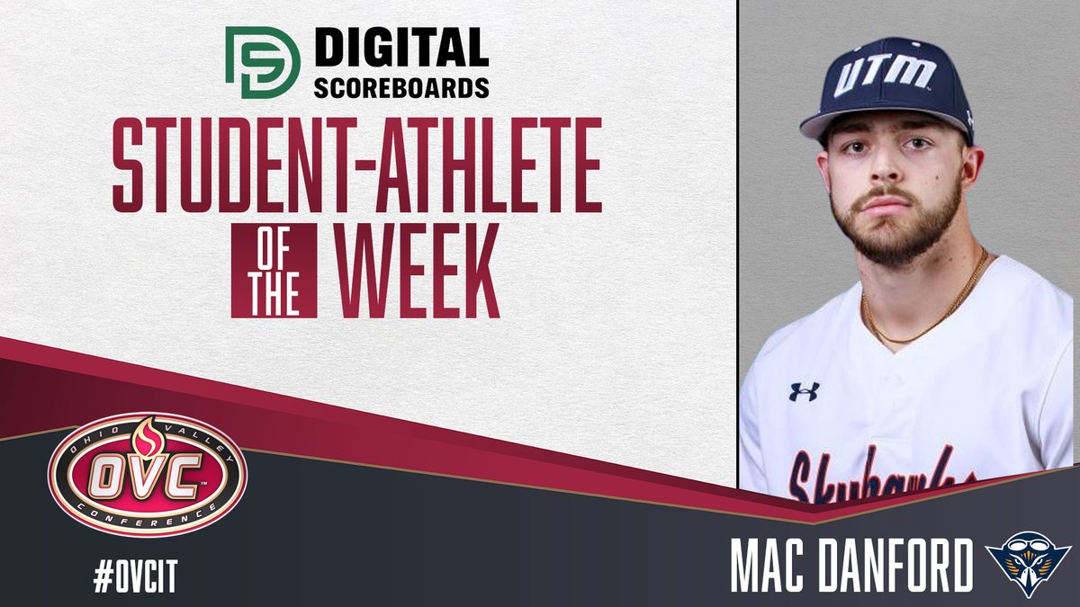 Our @DScoreboards OVC Student-Athlete of the Week is @UTMBase baseball player Mac Danford (@DanfordMac). Last year he was named to the OVC Commissioner's Honor Roll for his work in the classroom. More: bit.ly/450SnQ7#OVCit | #MartinMade