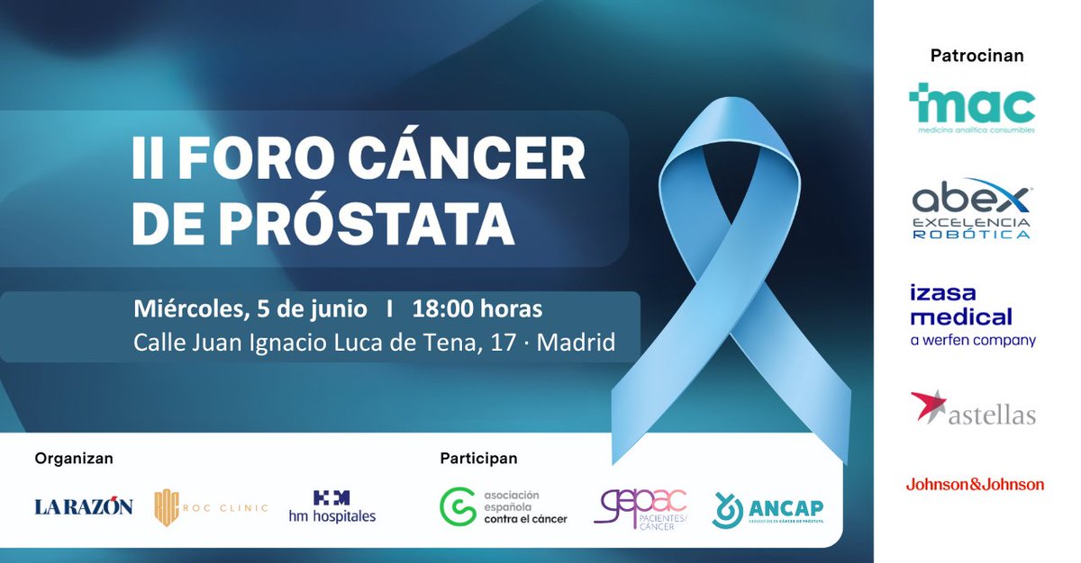 💪 ¡Únete a nuestro #foro de cáncer de próstata el próximo 5 de junio! Este encuentro contará con la participación de urólogos, oncólogos, testimonios de #pacientes y con asociaciones de pacientes de #cáncer de próstata. ¡Te esperamos! 🔗Regístrate aquí: lnkd.in/dtqM_BM6.