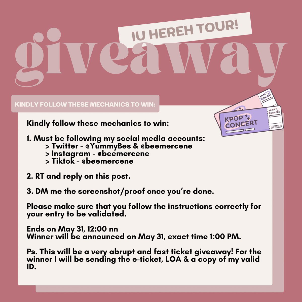 beemercene's tweet photo. Hello PH #UAENA !
I decided that I will be giving away my (1) extra IU HEREH CONCERT Ticket - Upper C (sides) FOR FREE‼️

Mechanics below💜

Ends on May 31, 12:00nn
Winner will be announced on May 31, exact time 1:00 PM.
#IUTickets #ticketgiveaway #IU #HEREH_WORLD_TOUR_IN_MANILA https://t.co/HgYz5mmWVB