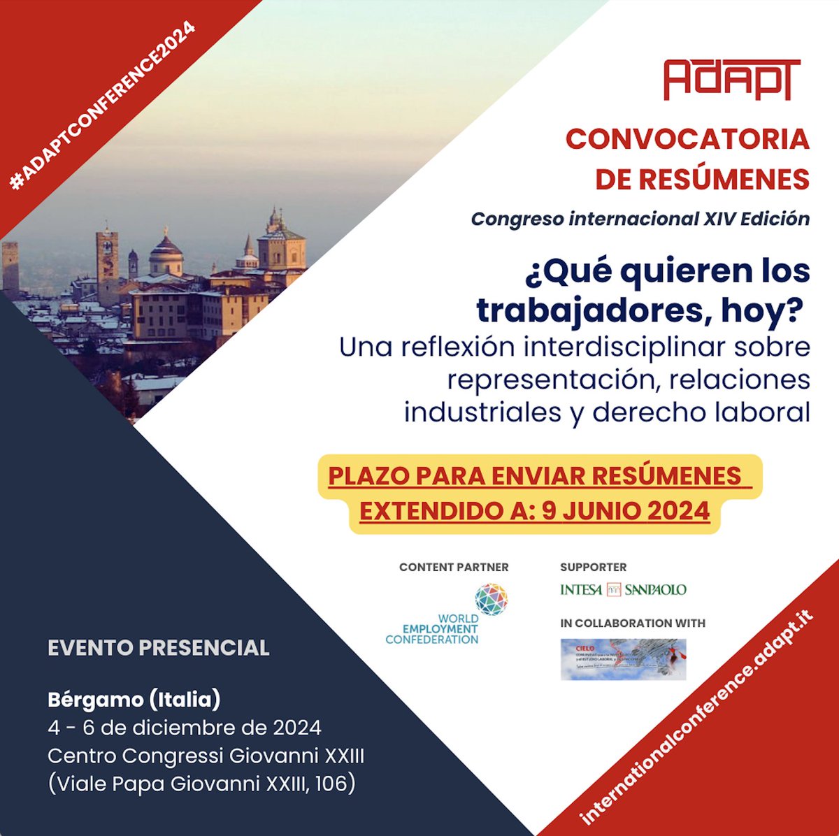#Congreso Internacional #ADAPT (Bérgamo 4-6 diciembre): ¿Qué quieren los trabajadores, hoy?
¡#PLAZO #EXTENDIDO A 9 JUNIO 2024!
¡No pierda la oportunidad de compartir los resultados de su investigación en un contexto internacional! Toda la información aquí: internationalconference.adapt.it/call-for-abstr…