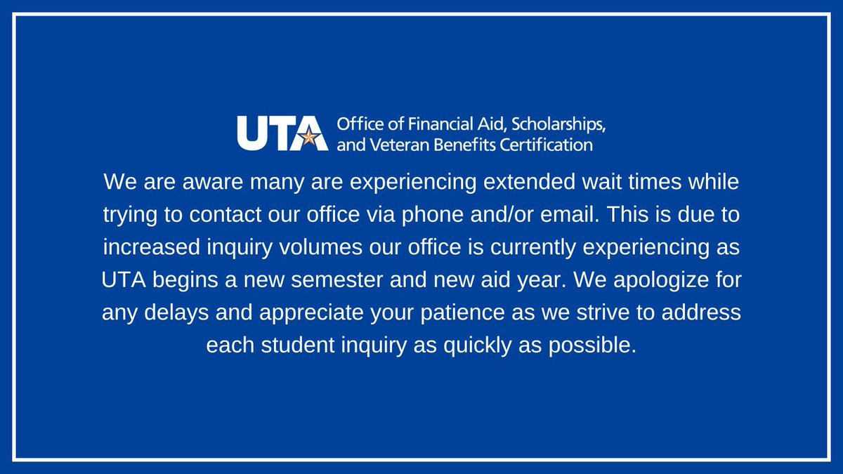 Need immediate financial aid assistance? Please visit our office in the University Administration Building, Room 252. We're open Monday through Friday, from 8 am to 5 pm, no appointment necessary.

#UTArlington #UTA #UTAStudents #UTAMavs #MavUp #FinancialAid #Scholarships