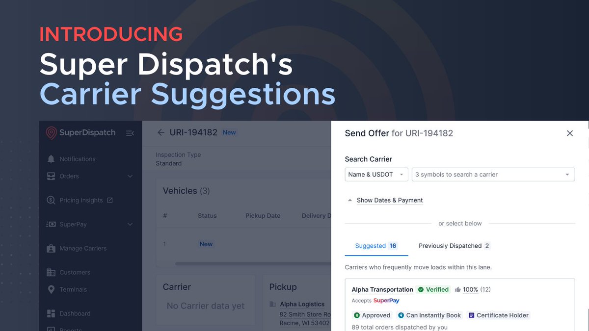 SuperDispatch's tweet image. Don't miss out on Carrier Suggestions feature designed to revolutionize your logistics operations.
Move cars easier with data driven Carrier Suggestions to help get your loads booked faster and smarter.
bit.ly/4atFuiq
#AutoTransportInnovation #LogisticsTechnology