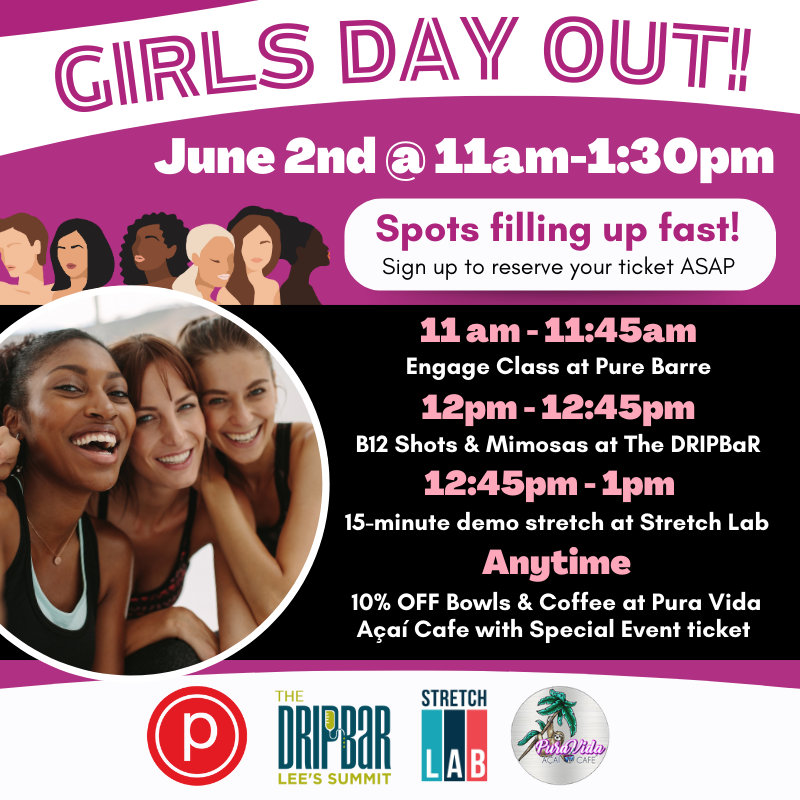 Sunday, June 2nd: 'GIRLS DAY OUT' brought to you by Pure Barre, Stretch Lab,  Pure Vida Açaí Cafe, and The DRIPBaR Lee's Summit. 

 myrating.me/4dPXYN8

#LeesSummit #KansasCity #SpecialEvent #Health #Wellness #PureBarre #StretchLab #PureVida #TheDRIPBaR